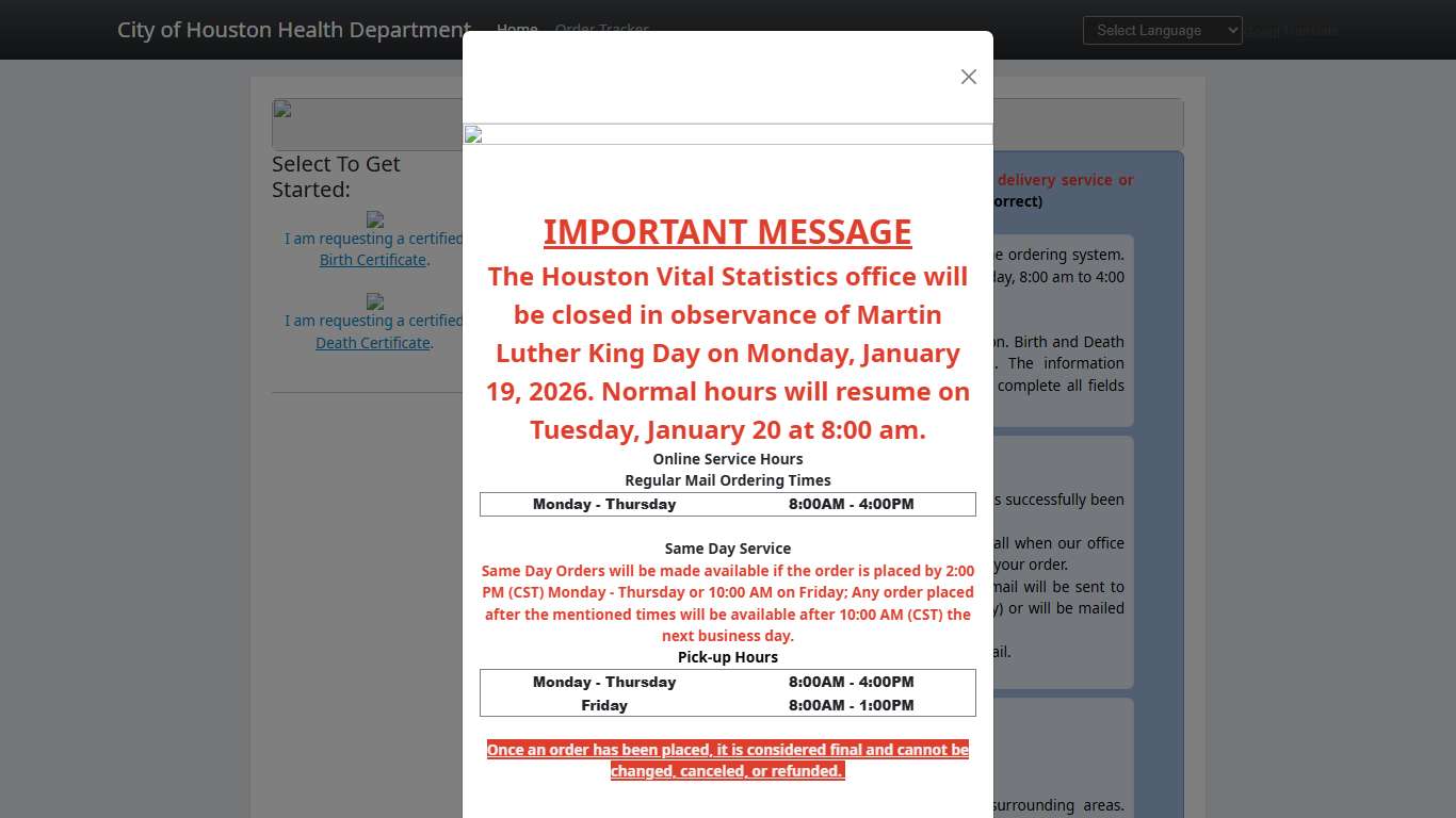 City of Houston Health Department Online Birth Certificate Requests